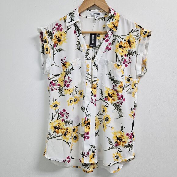 Express Shirt Women's Small White Floral Sheer Collard Top Business Casual - Picture 2 of 14